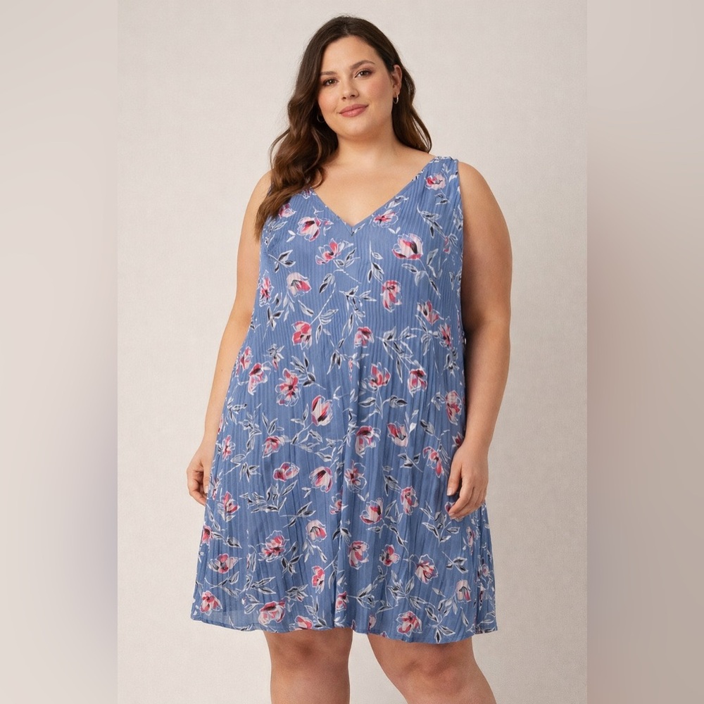 Addition Elle purply blue Floral V-Neck pleated midi dress size 2X